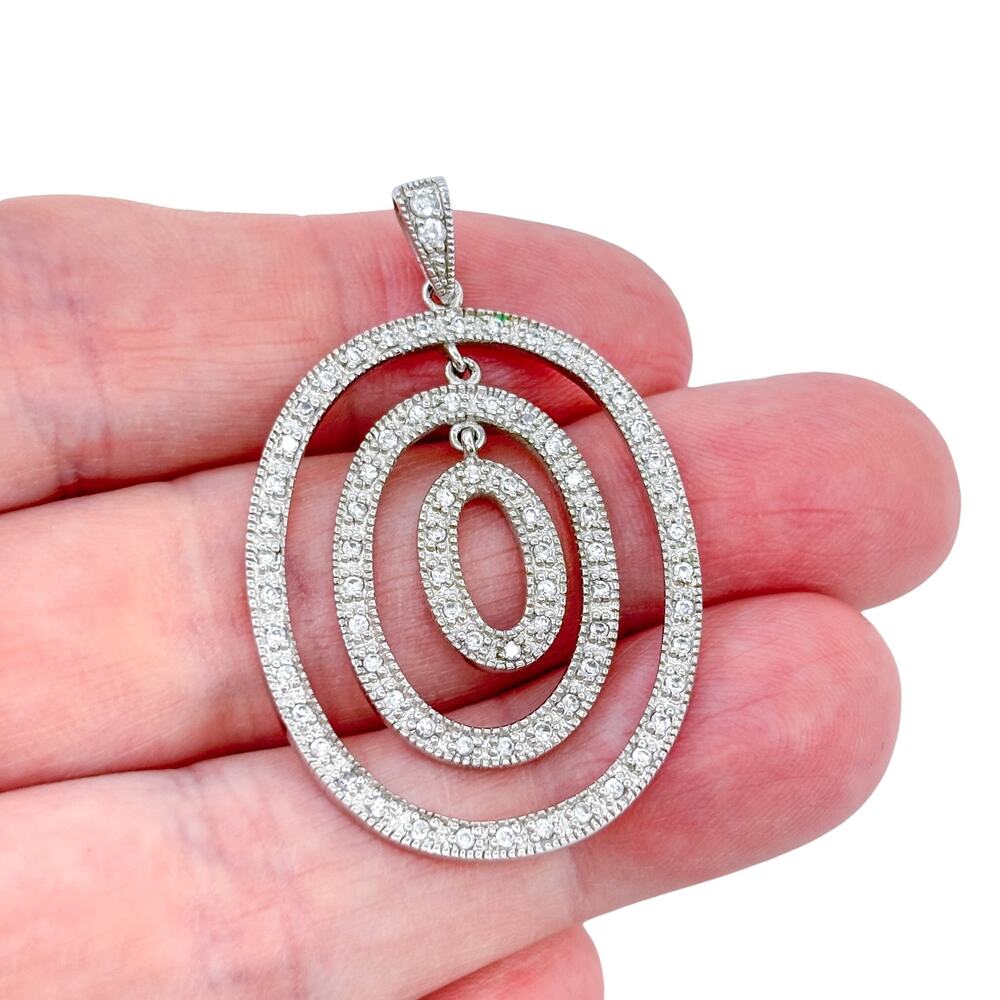 Vintage Sterling Silver 925 Three Oval Dangle Pave Cubic Zirconia Pendant